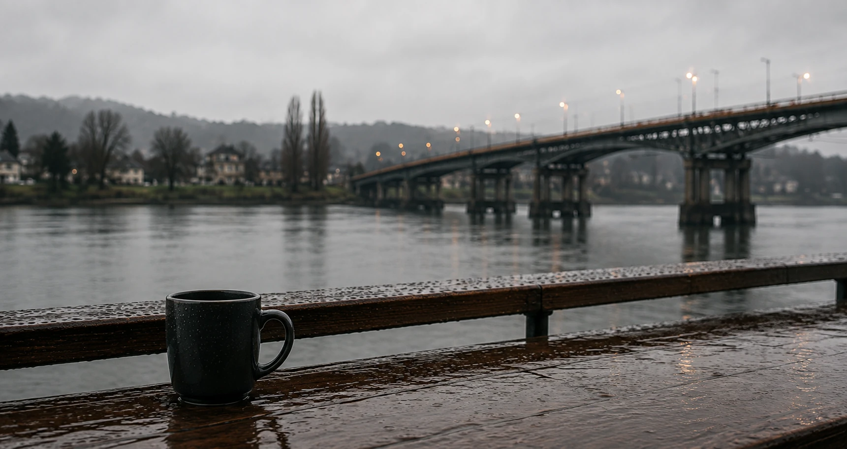 Taza de café sobre una mesa húmeda frente al río y un puente de Valdivia